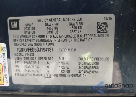 2016 Chevrolet Traverse Ls из США, поврежденный, VIN 1GNKVFED5GJ194187